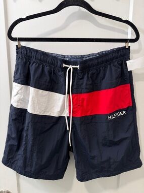 Tommy Hilfiger Men’s Navy Swim Trunks with Red & White Panel